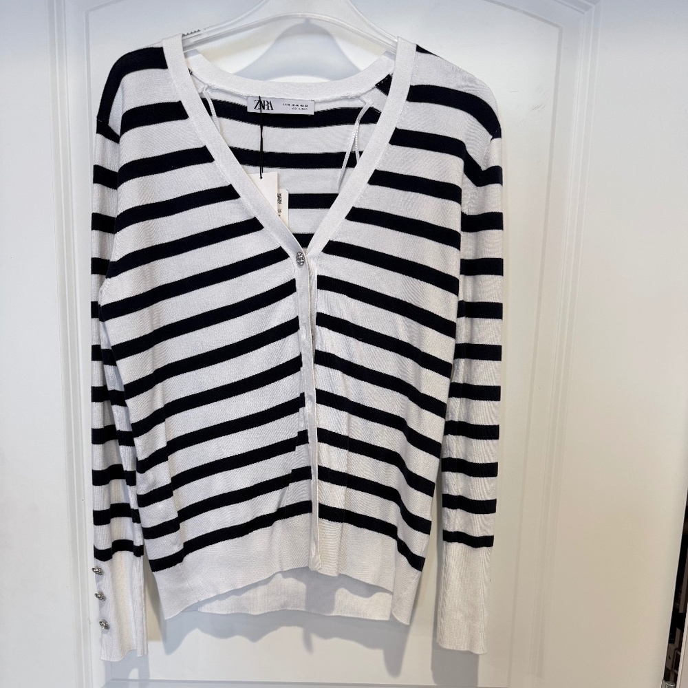 Zara - lightweight blue and white knit cardigan